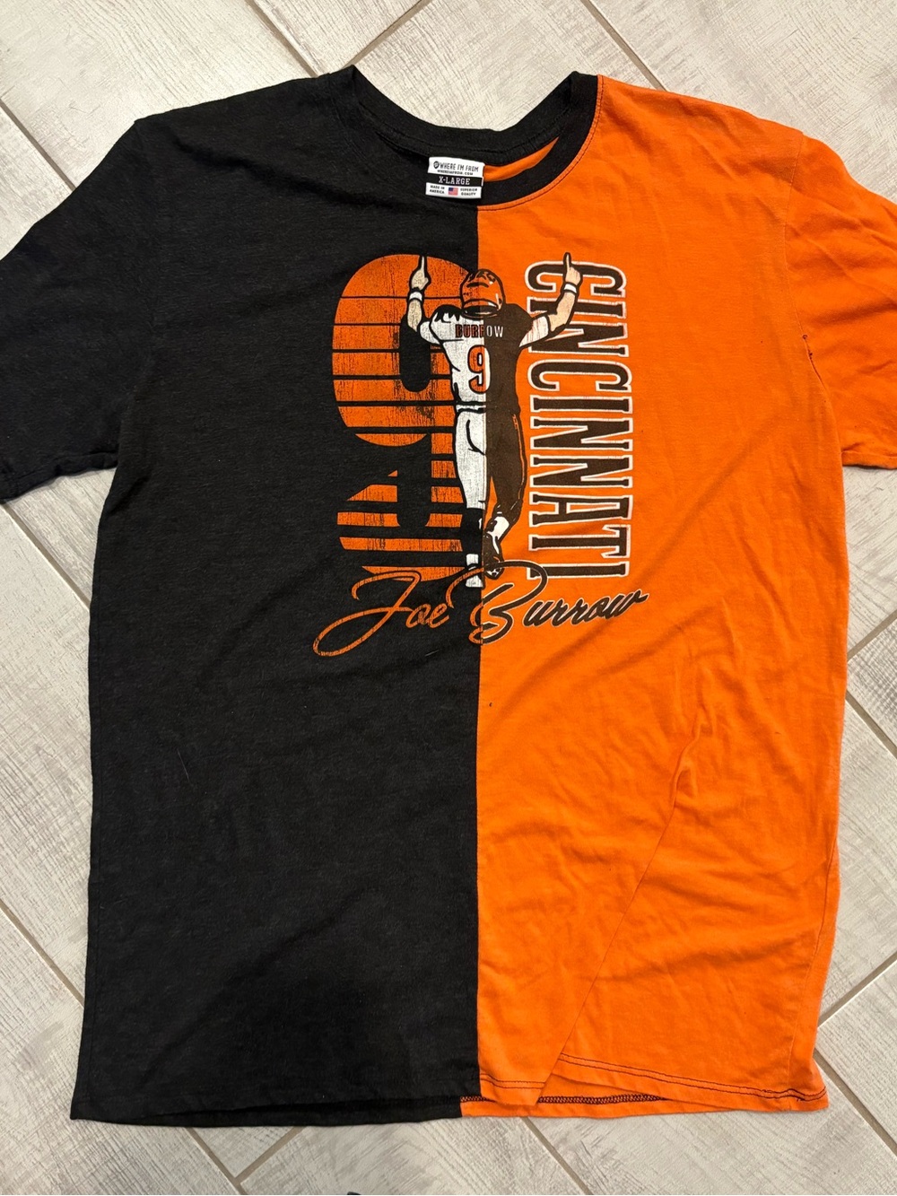 Cincinnati Split-Color Short Sleeve Tee - Joe Burrow Graphic - Black/Orange